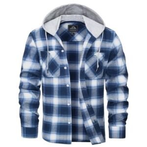 Blue plaid flannel jacket with hood and fleece lining