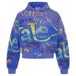 Blue Vale Hoodie in blue cotton fleece with Vale graphics