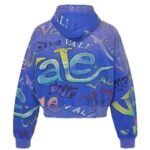 Blue Vale Hoodie in blue cotton fleece with Vale graphics back veiw