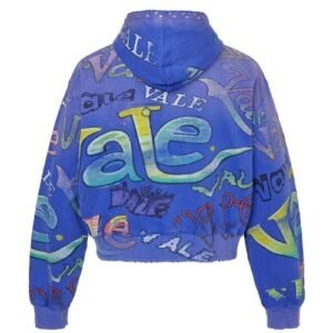 Blue Vale Hoodie in blue cotton fleece with Vale graphics back veiw
