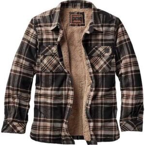 Flannel Shirt Jacket in black brown and beige plaid with textured lining