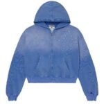 Vale Blue Hoodie with full zip closure and decorative blue patterns