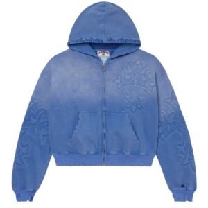Vale Blue Hoodie with full zip closure and decorative blue patterns