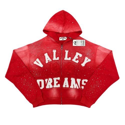 Vale Forever Classico Zip Up Hoodie Ruby Red Vale Hoodie Red in ruby red with a hood, printed design, and distressed worn-effect finish.